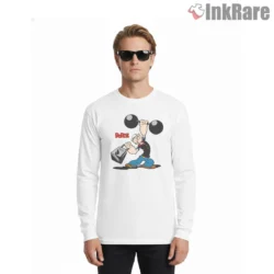 Popeye Strongman Power Weights Shirt on white long sleeve shirt for men graphic tee