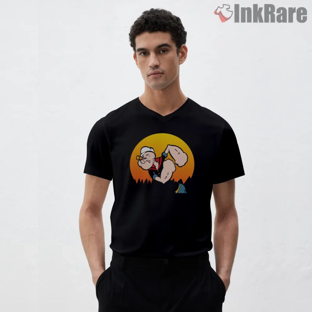 Popeye Sunset Lean Back Chill Shirt on black v-neck shirt for men graphic tee