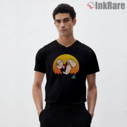 Popeye Sunset Lean Back Chill Shirt on black v-neck shirt for men graphic tee