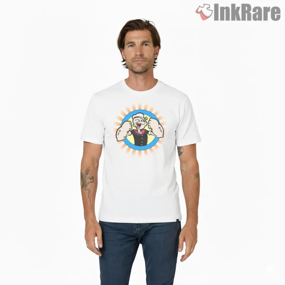 Popeye Sunshine Flex Retro Badge Shirt on white short sleeve shirt for men graphic tee
