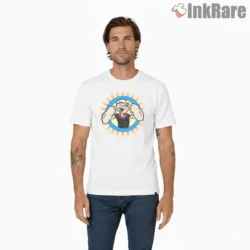 Popeye Sunshine Flex Retro Badge Shirt on white short sleeve shirt for men graphic tee