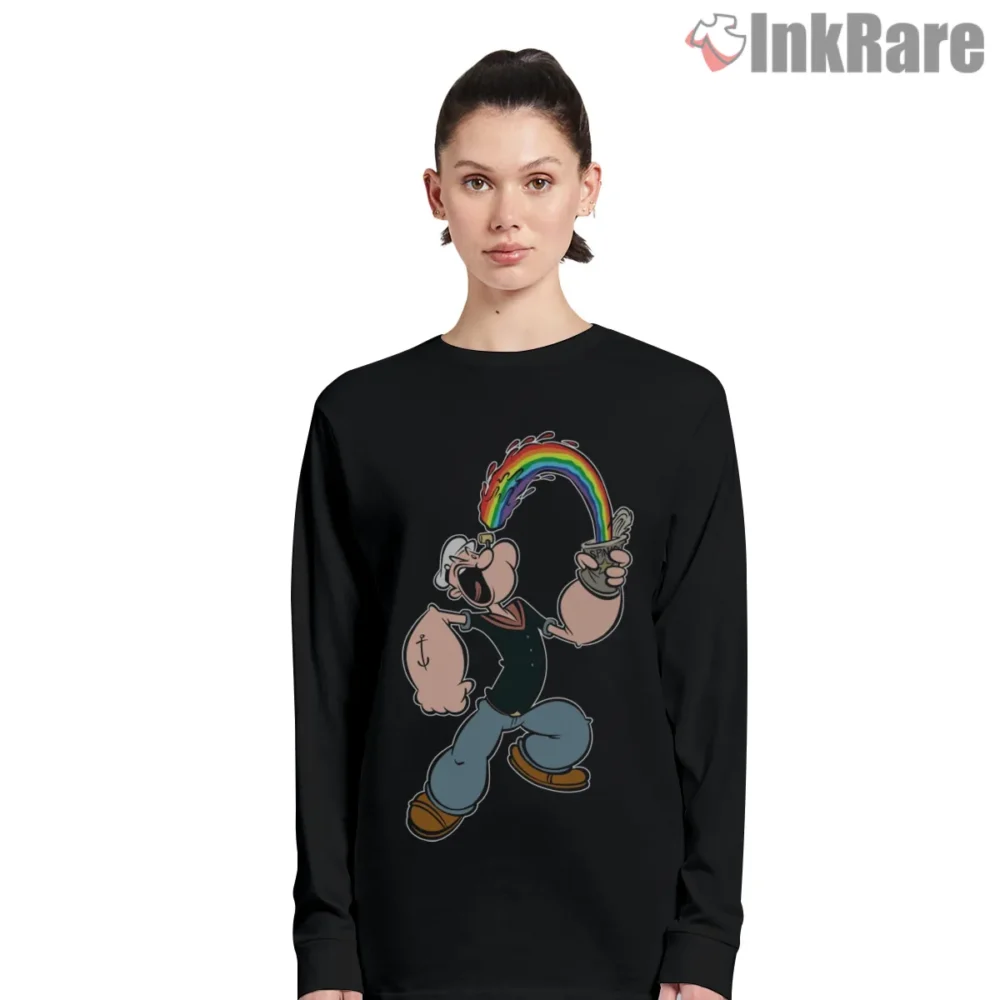 Popeye Taste The Rainbow Cartoon Shirt on black long sleeve shirt for women graphic tee