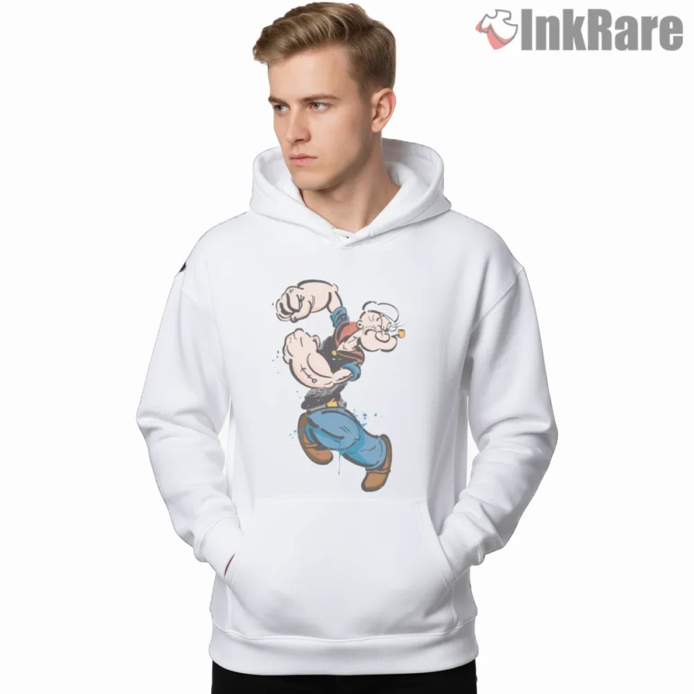 Popeye The Sailor Power Punch Action Shirt on white hoodie for men graphic tee