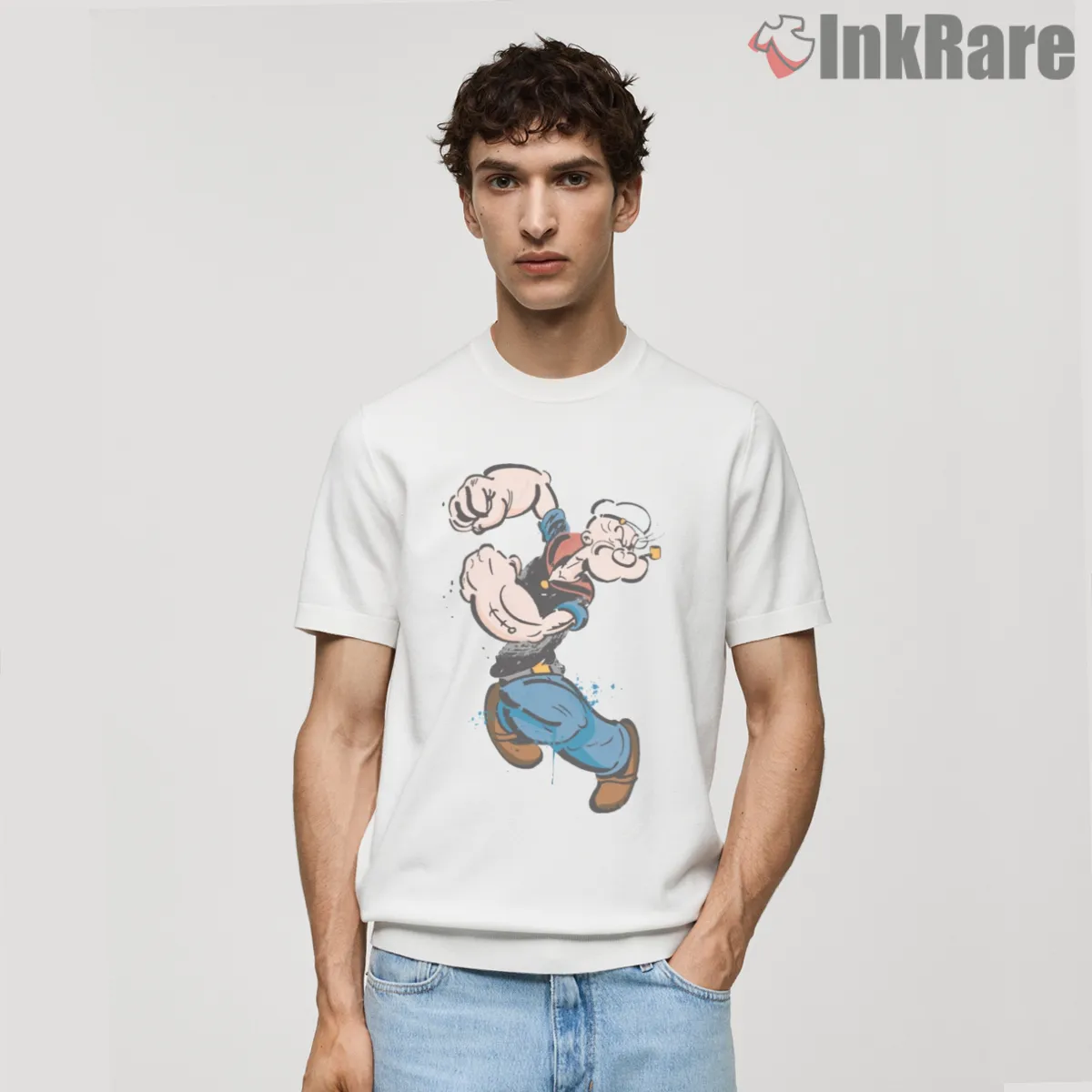 Popeye The Sailor Power Punch Action Shirt on white short sleeve shirt for men graphic tee