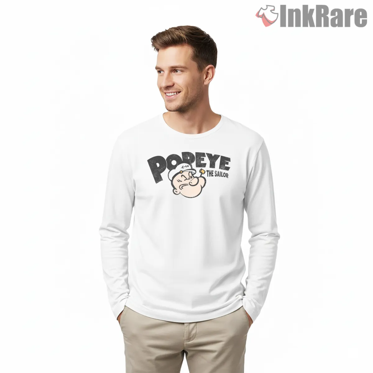Popeye The Sailor Vintage 1929 Logo Long Sleeve White Popeye The Sailor Vintage 1929 Logo Shirt on white long sleeve shirt for men graphic tee