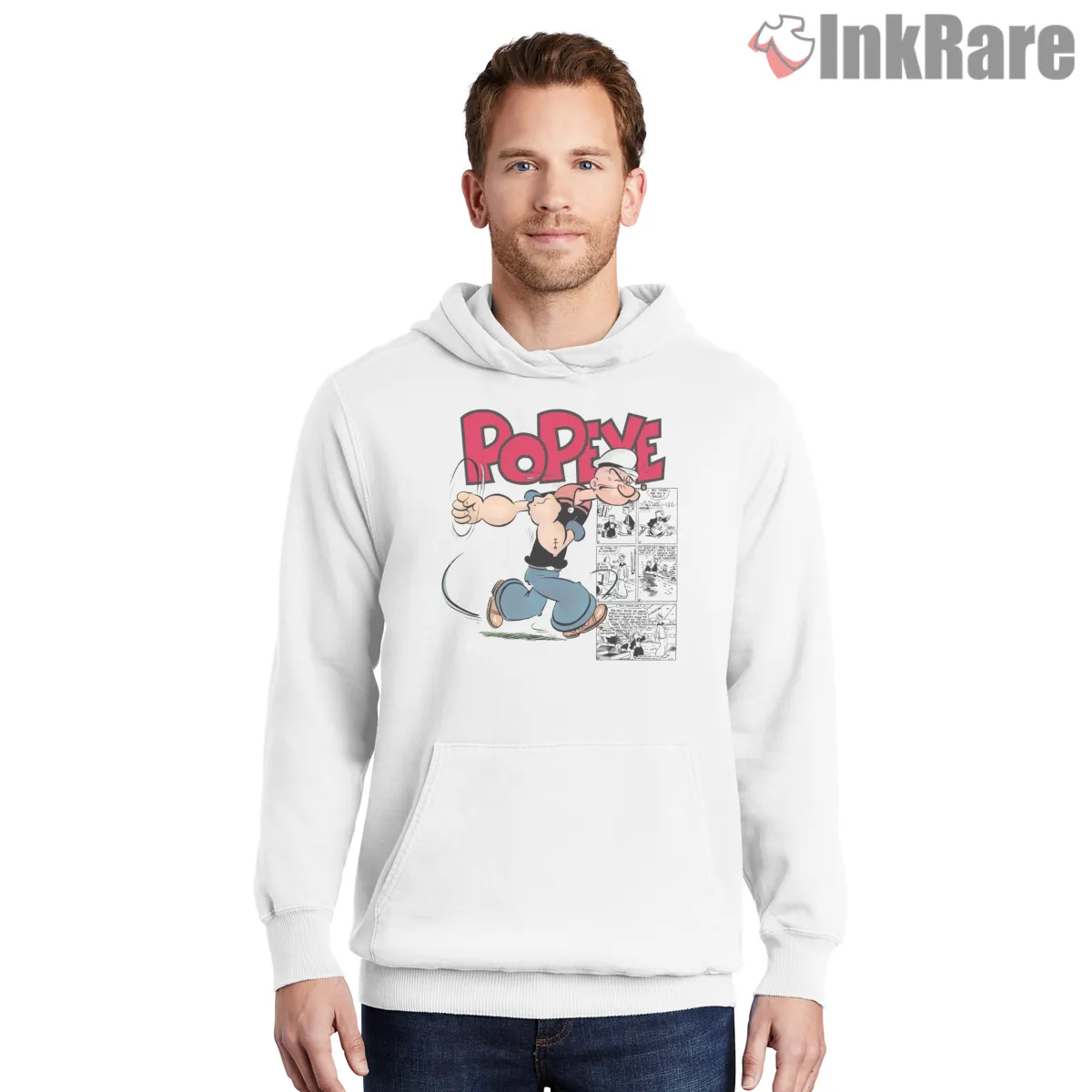 Popeye The Sailor Vintage Comic Panels Shirt on white hoodie for men graphic tee