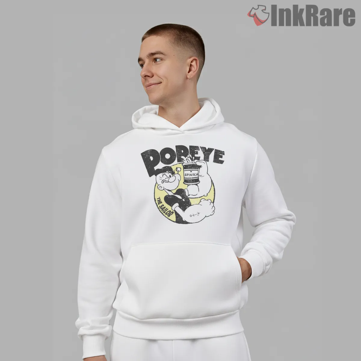 Popeye The Sailor Vintage Spinach Can Shirt on white hoodie for men graphic tee