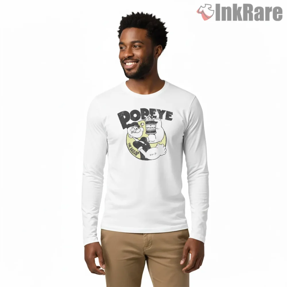 Popeye The Sailor Vintage Spinach Can Shirt on white long sleeve shirt for men graphic tee