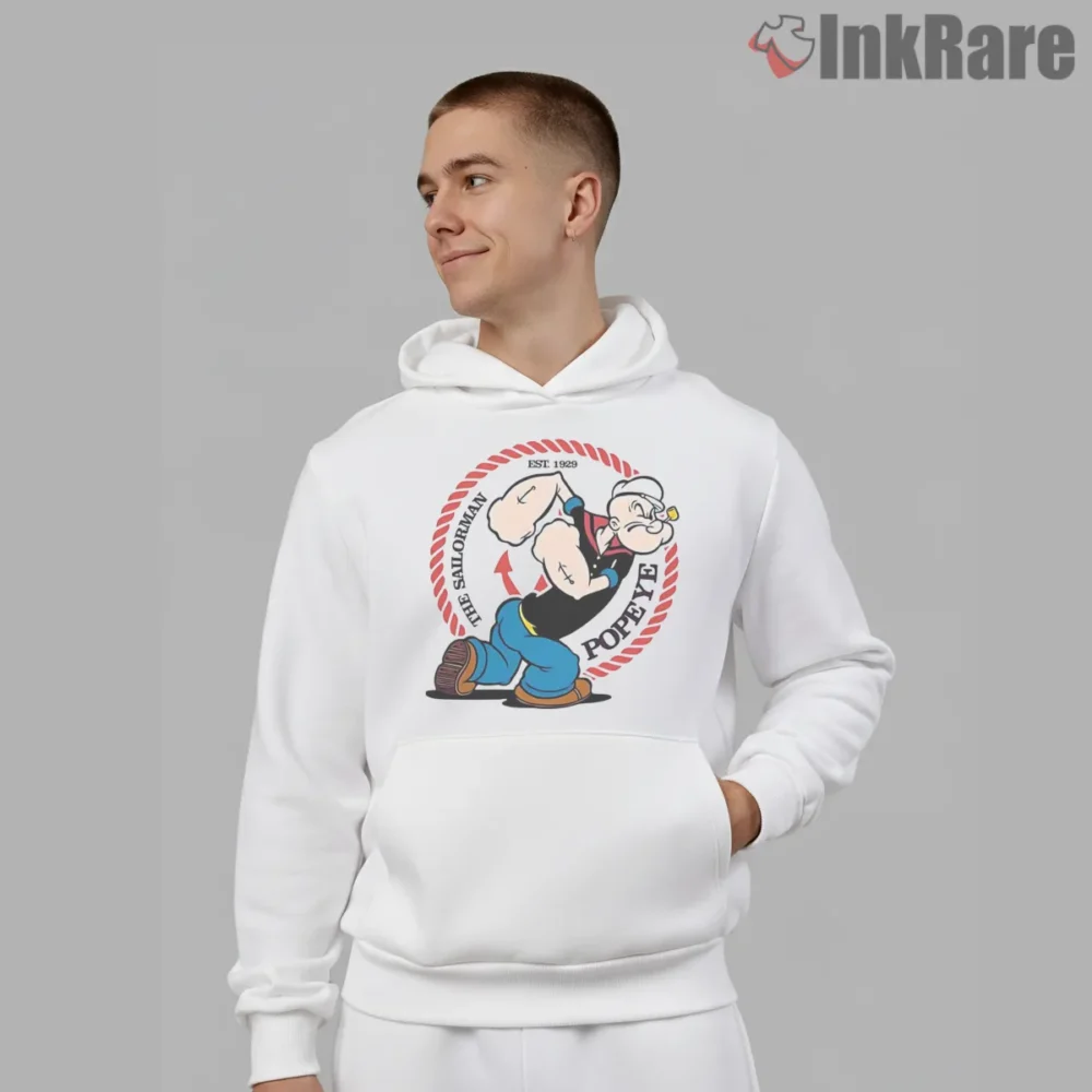 Popeye The Sailorman Rope Emblem Shirt on white hoodie for men graphic tee