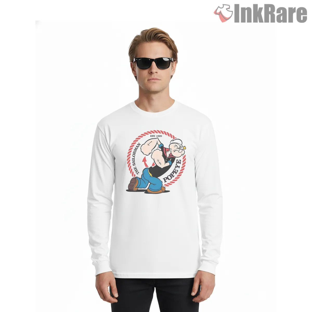 Popeye The Sailorman Rope Emblem Shirt on white long sleeve shirt for men graphic tee