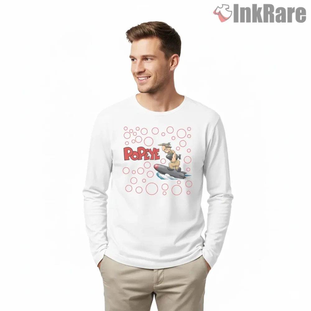 Popeye Torpedo Ride Pop Art Shirt on white long sleeve shirt for men graphic tee