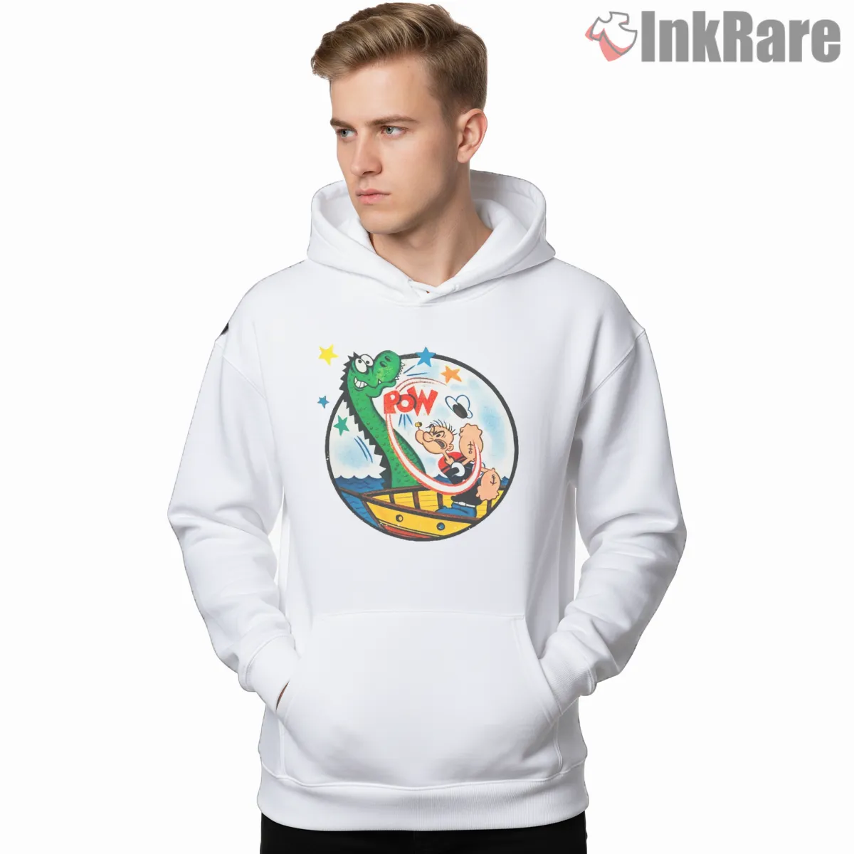 Popeye Versus Sea Dragon Pow Shirt on white hoodie for men graphic tee