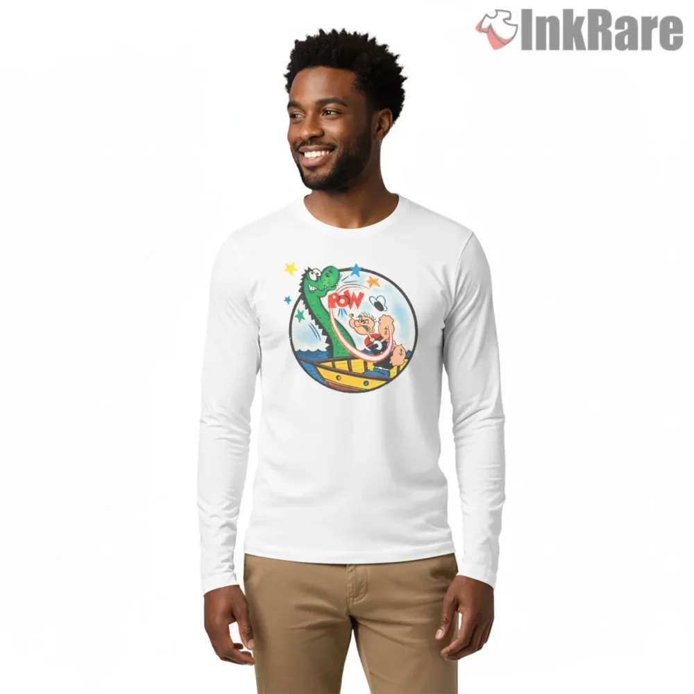 Popeye Versus Sea Dragon Pow Shirt on white long sleeve shirt for men graphic tee
