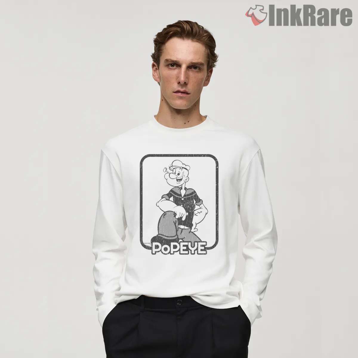 Popeye Vintage Black And White Frame Shirt on white long sleeve shirt for men graphic tee
