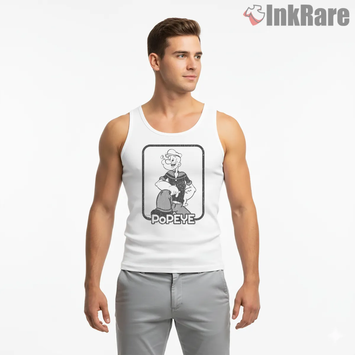 Popeye Vintage Black And White Frame Tank Top White Popeye Vintage Black And White Frame Shirt on white tank top for men graphic tee