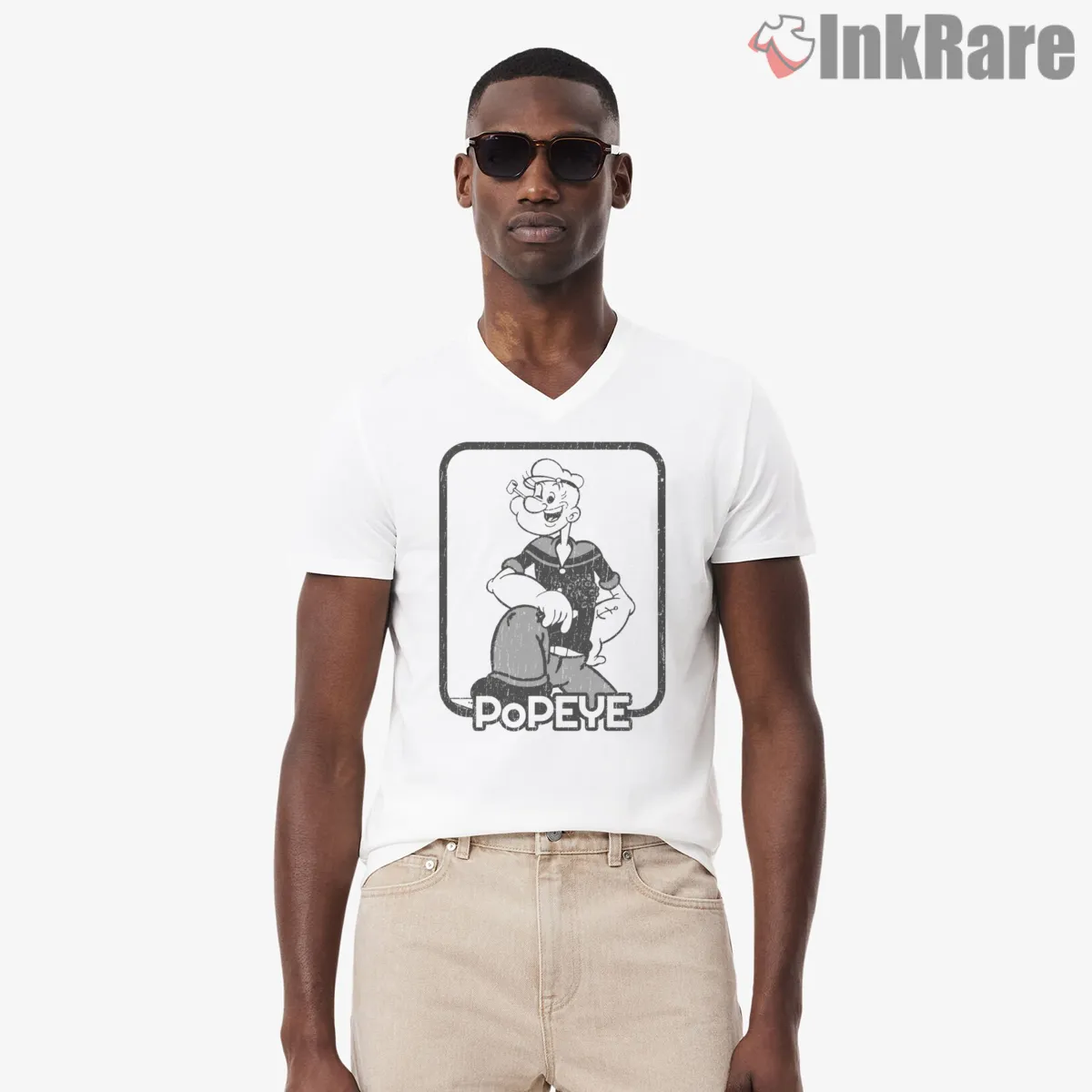 Popeye Vintage Black And White Frame V Neck White Popeye Vintage Black And White Frame Shirt on white v-neck shirt for men graphic tee