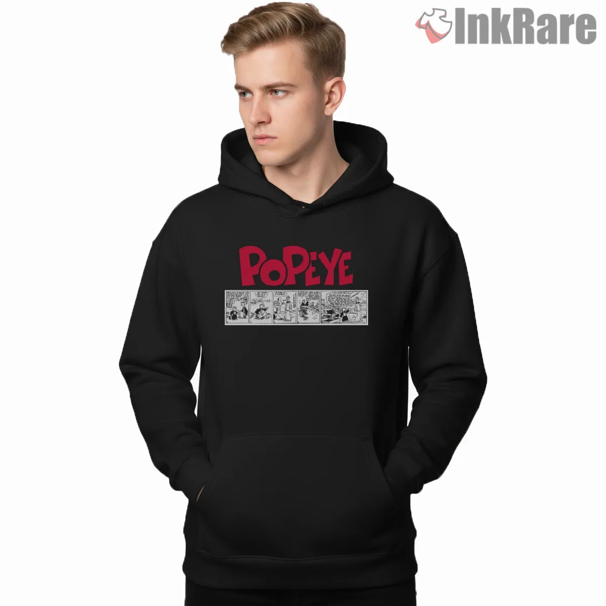 Popeye Vintage Comic Strip Logo Shirt on black hoodie for men graphic tee