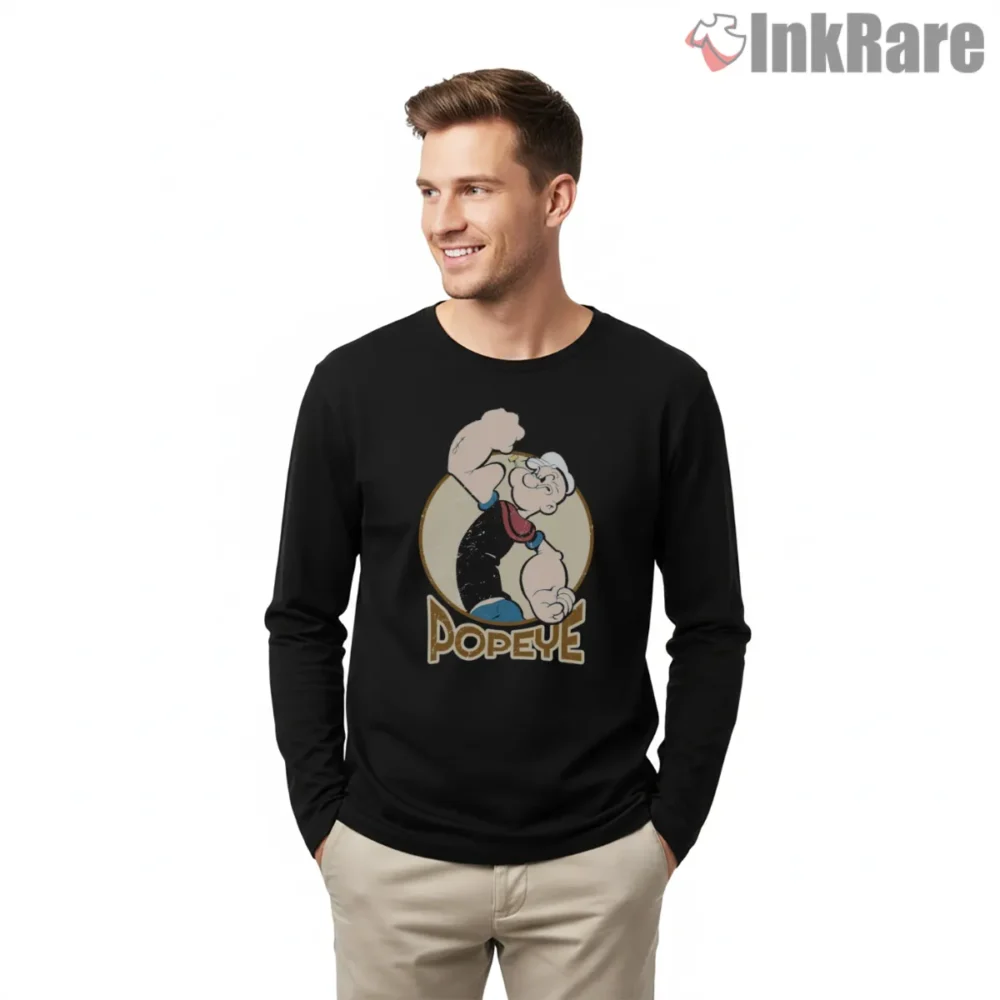 Popeye Vintage Retro Portrait Badge Shirt on black long sleeve shirt for men graphic tee