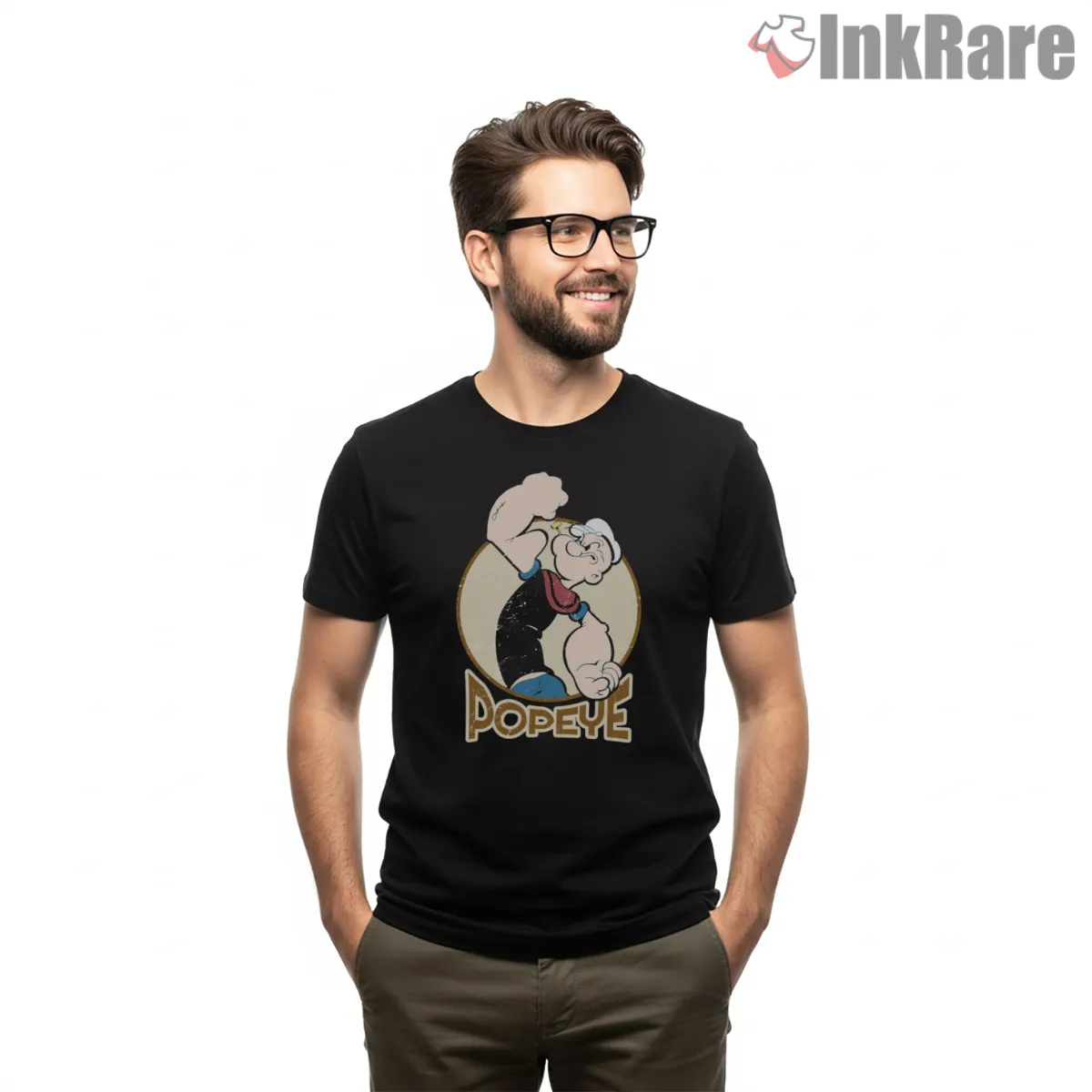 Popeye Vintage Retro Portrait Badge Shirt on black short sleeve shirt for men graphic tee