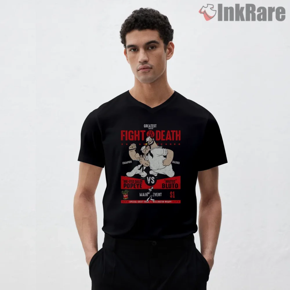 Popeye Vs Bluto Fight Night Poster Shirt on black v-neck shirt for men graphic tee