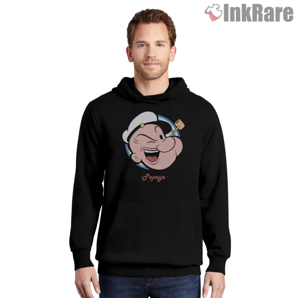 Popeye Winking Face Retro Emblem Shirt on black hoodie for men graphic tee