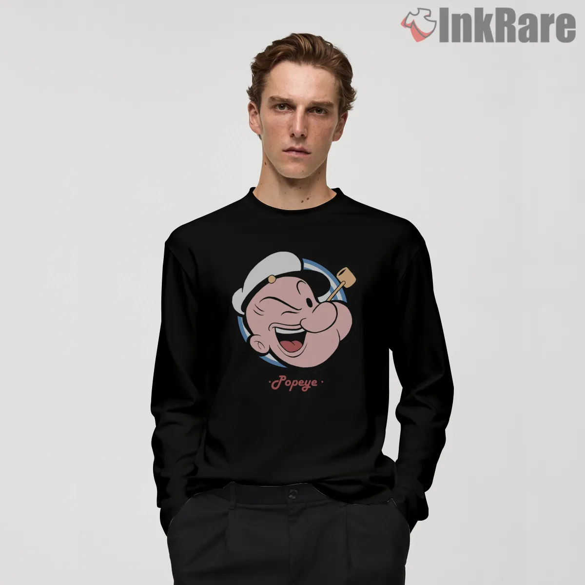 Popeye Winking Face Retro Emblem Shirt on black long sleeve shirt for men graphic tee