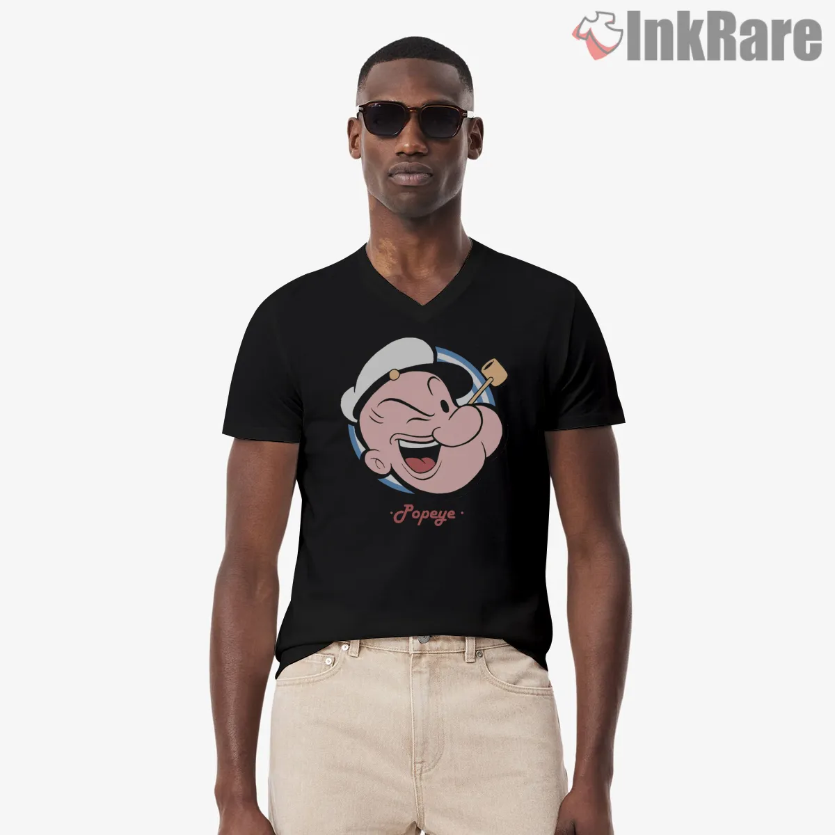 Popeye Winking Face Retro Emblem V Neck Black Popeye Winking Face Retro Emblem Shirt on black v-neck shirt for men graphic tee