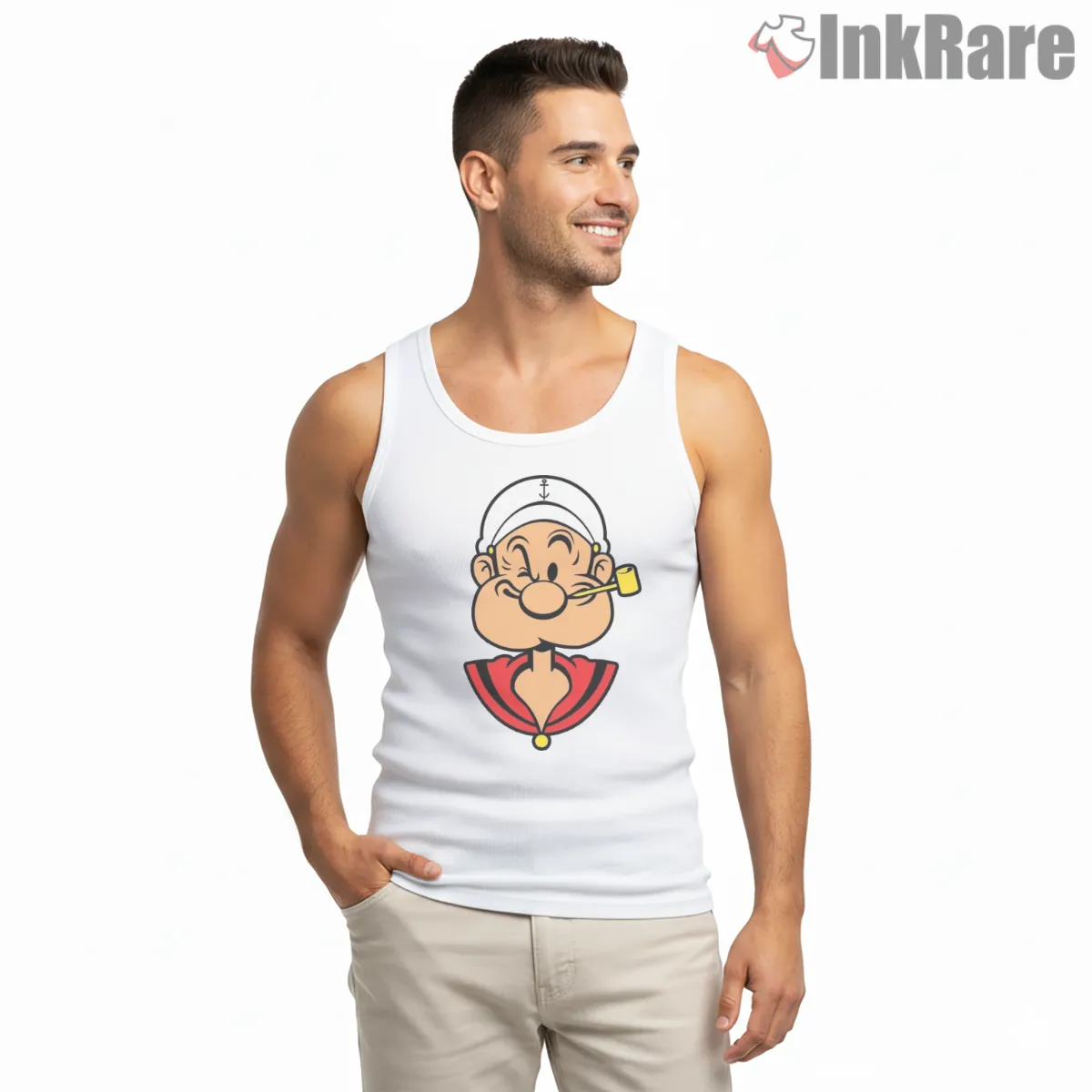 Popeye Winking Sailor Spinach Power Tank Top White Popeye Winking Sailor Spinach Power Shirt on white tank top for men graphic tee