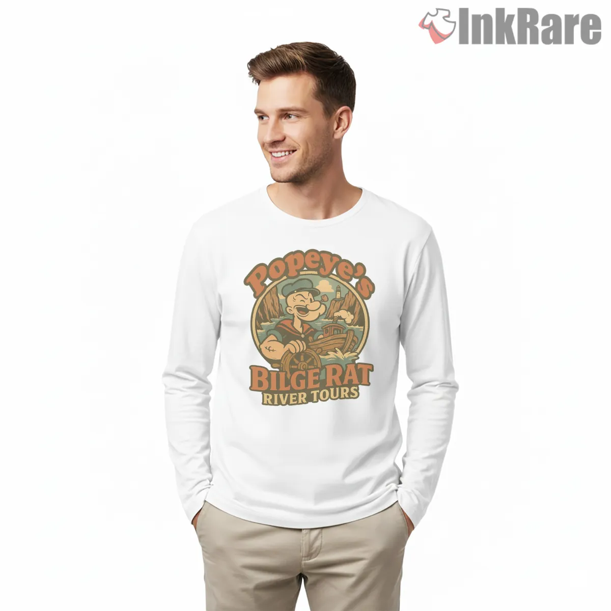 Popeyes Bilge Rat River Tours Adventure Shirt on white long sleeve shirt for men graphic tee