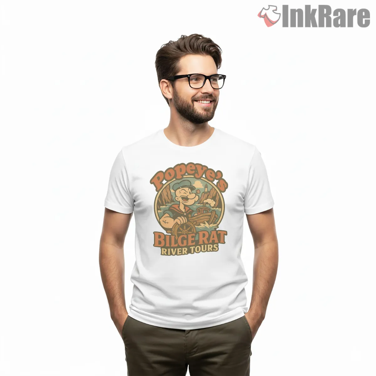 Popeyes Bilge Rat River Tours Adventure Short Sleeve White Popeyes Bilge Rat River Tours Adventure Shirt on white short sleeve shirt for men graphic tee