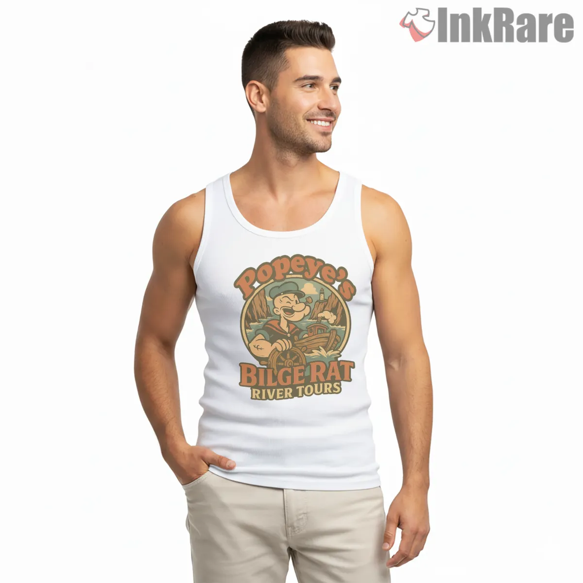 Popeyes Bilge Rat River Tours Adventure Tank Top White Popeyes Bilge Rat River Tours Adventure Shirt on white tank top for men graphic tee