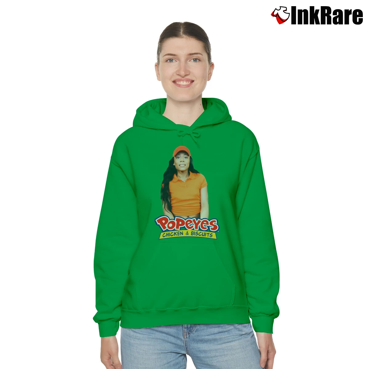Women’s Popeyes Chicken And Biscuits Funny Graphic Cozy Hoodie in irish green | Warm, Structured, Stylish