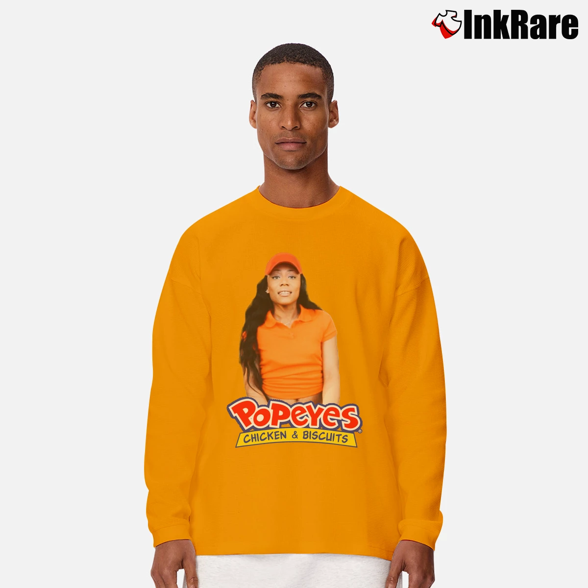 Men’s Popeyes Chicken And Biscuits Funny Graphic Long-Sleeve Shirt in orange | Sleek, Lightweight, Year-Round Wear