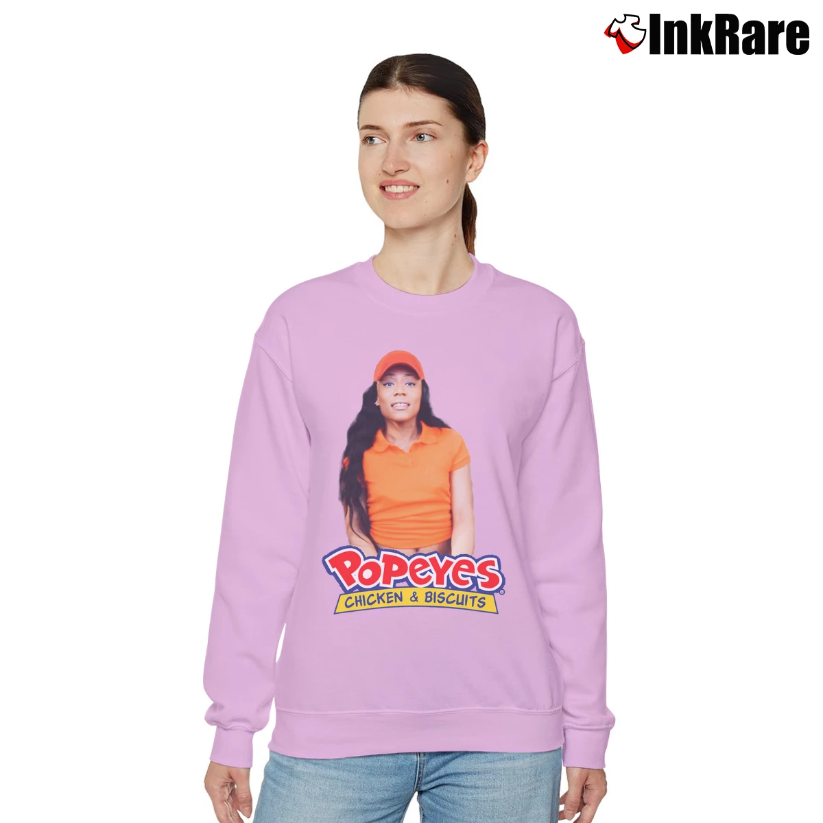 Women’s Popeyes Chicken And Biscuits Funny Graphic Relaxed Sweatshirt in light pink | Soft, Laid-Back Vibe