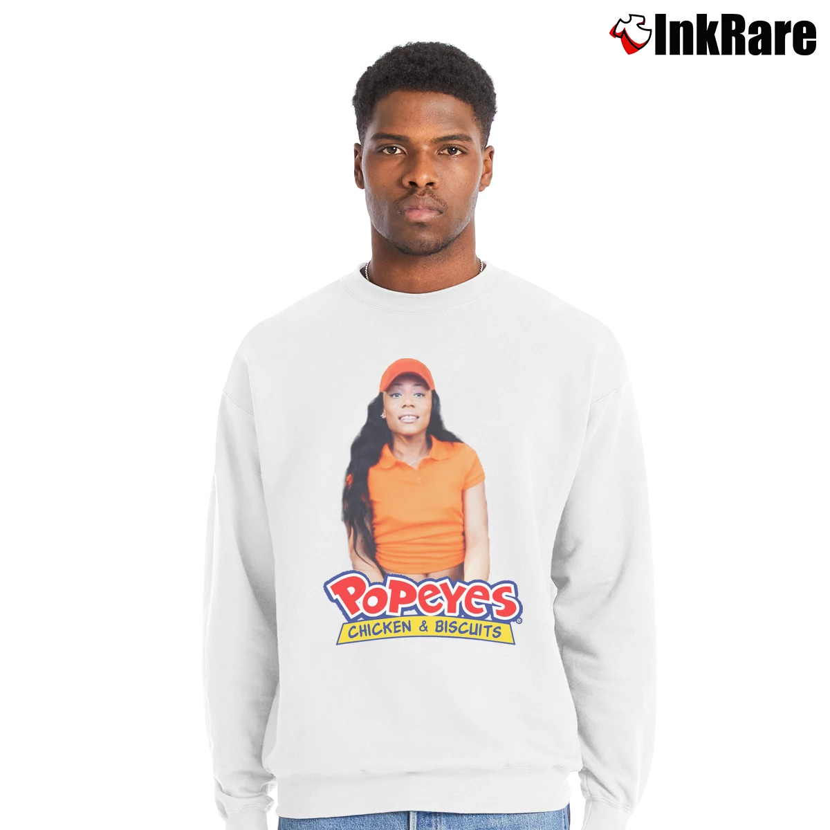 Men’s Popeyes Chicken And Biscuits Funny Graphic Crewneck Sweatshirt in white | Cozy Fabric, Clean Style
