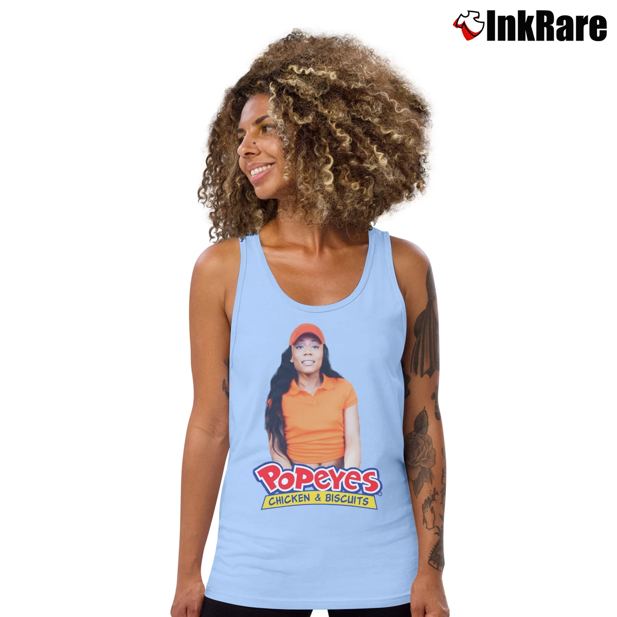 Women’s Popeyes Chicken And Biscuits Funny Graphic Tank Top in light blue | Lightweight, Movement-Friendly
