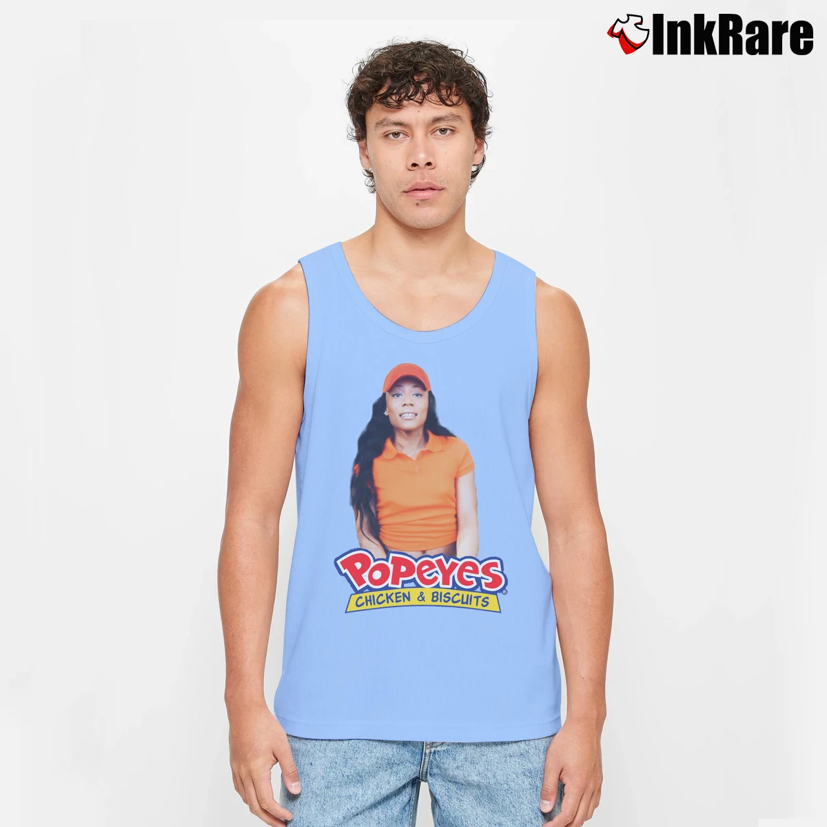 Men’s Popeyes Chicken And Biscuits Funny Graphic Tank Top in light blue | Breathable, Active-Friendly Design