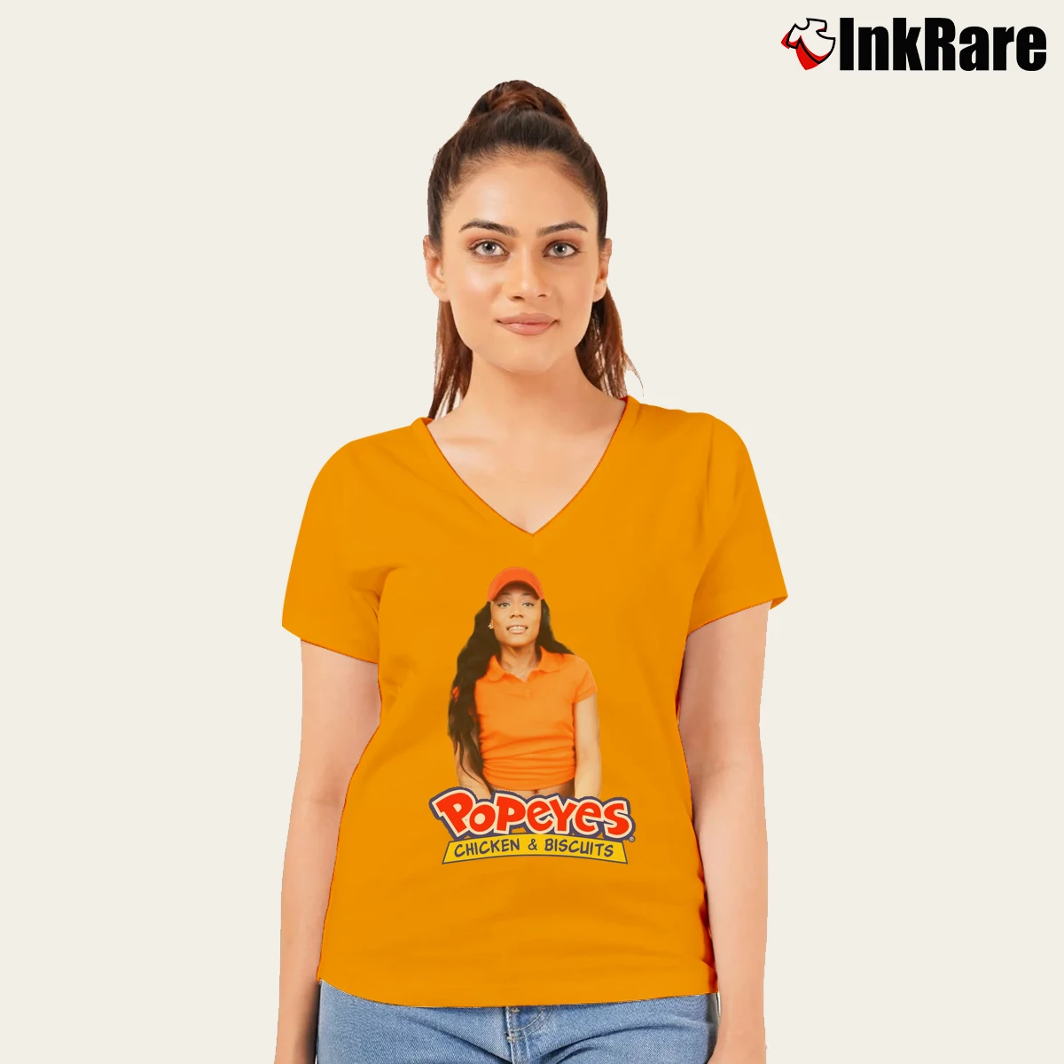 Women’s Popeyes Chicken And Biscuits Funny Graphic V-Neck Tee in orange | Chic Neckline, Soft Texture