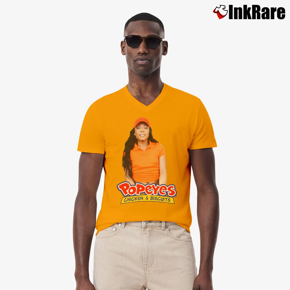 Men’s Popeyes Chicken And Biscuits Funny Graphic V-Neck Tee in orange | Sharp, Breathable, Everyday Staple