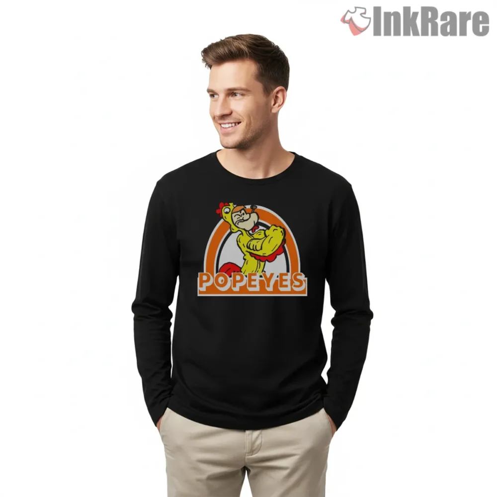 Popeyes Chicken Mascot Power Pose Shirt on black long sleeve shirt for men graphic tee