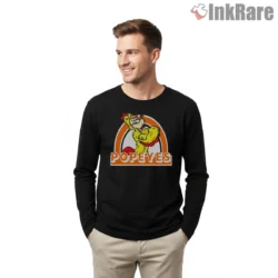 Popeyes Chicken Mascot Power Pose Shirt on black long sleeve shirt for men graphic tee