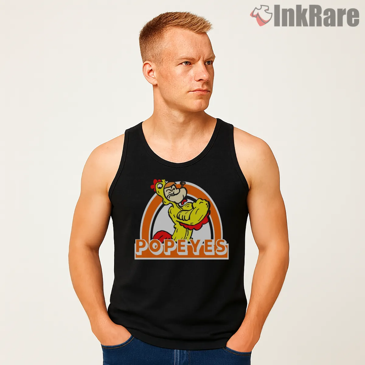 Popeyes Chicken Mascot Power Pose Tank Top Black Popeyes Chicken Mascot Power Pose Shirt on black tank top for men graphic tee