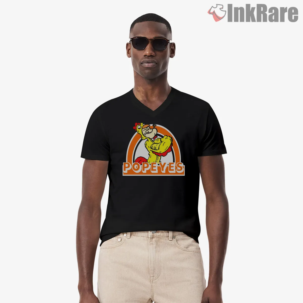 Popeyes Chicken Mascot Power Pose V Neck Black Popeyes Chicken Mascot Power Pose Shirt on black v-neck shirt for men graphic tee