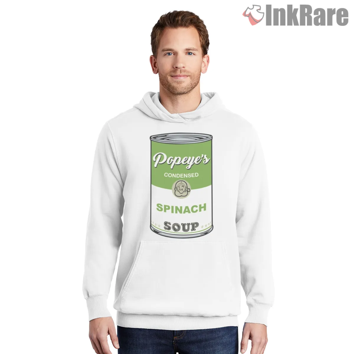 Popeyes Condensed Spinach Soup Can Shirt on white hoodie for men graphic tee