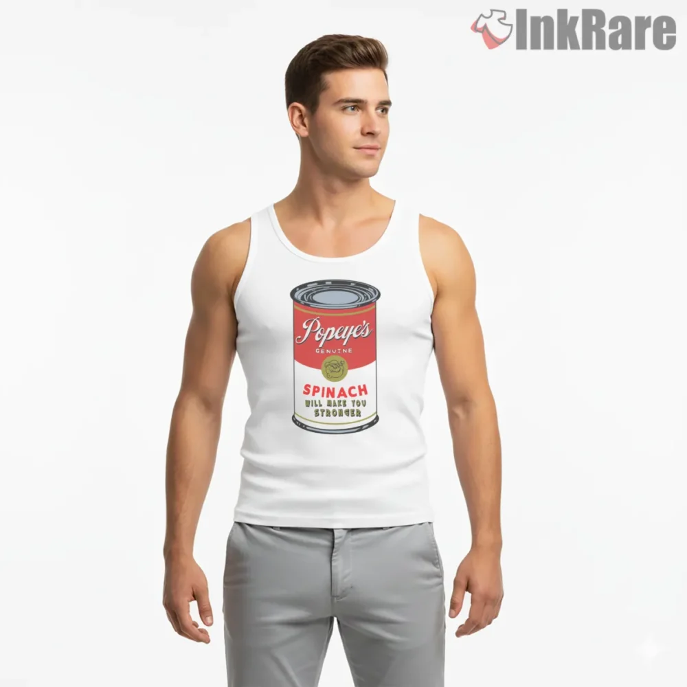 Popeyes Genuine Spinach Will Make You Stronger Shirt on white tank top for men graphic tee