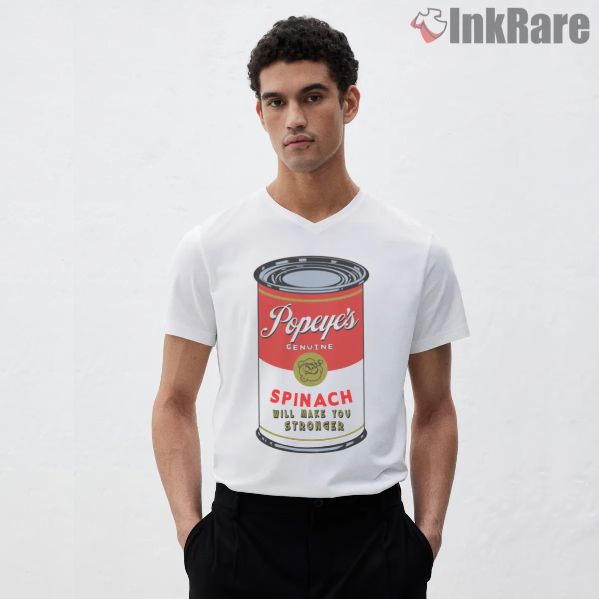 Popeyes Genuine Spinach Will Make You Stronger V Neck White Popeyes Genuine Spinach Will Make You Stronger Shirt on white v-neck shirt for men graphic tee
