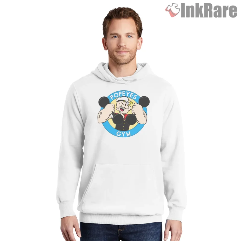 Popeyes Gym Cartoon Strength Badge Shirt on white hoodie for men graphic tee
