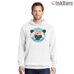 Popeyes Gym Cartoon Strength Badge Shirt on white hoodie for men graphic tee