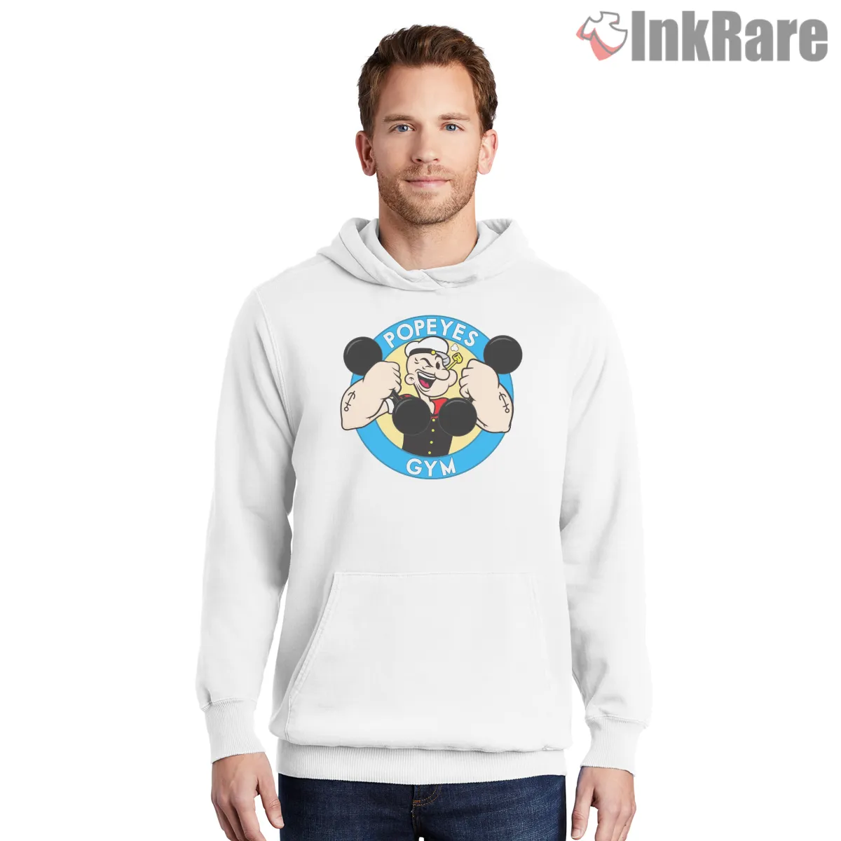 Popeyes Gym Cartoon Strength Badge Hoodie White Popeyes Gym Cartoon Strength Badge Shirt on white hoodie for men graphic tee