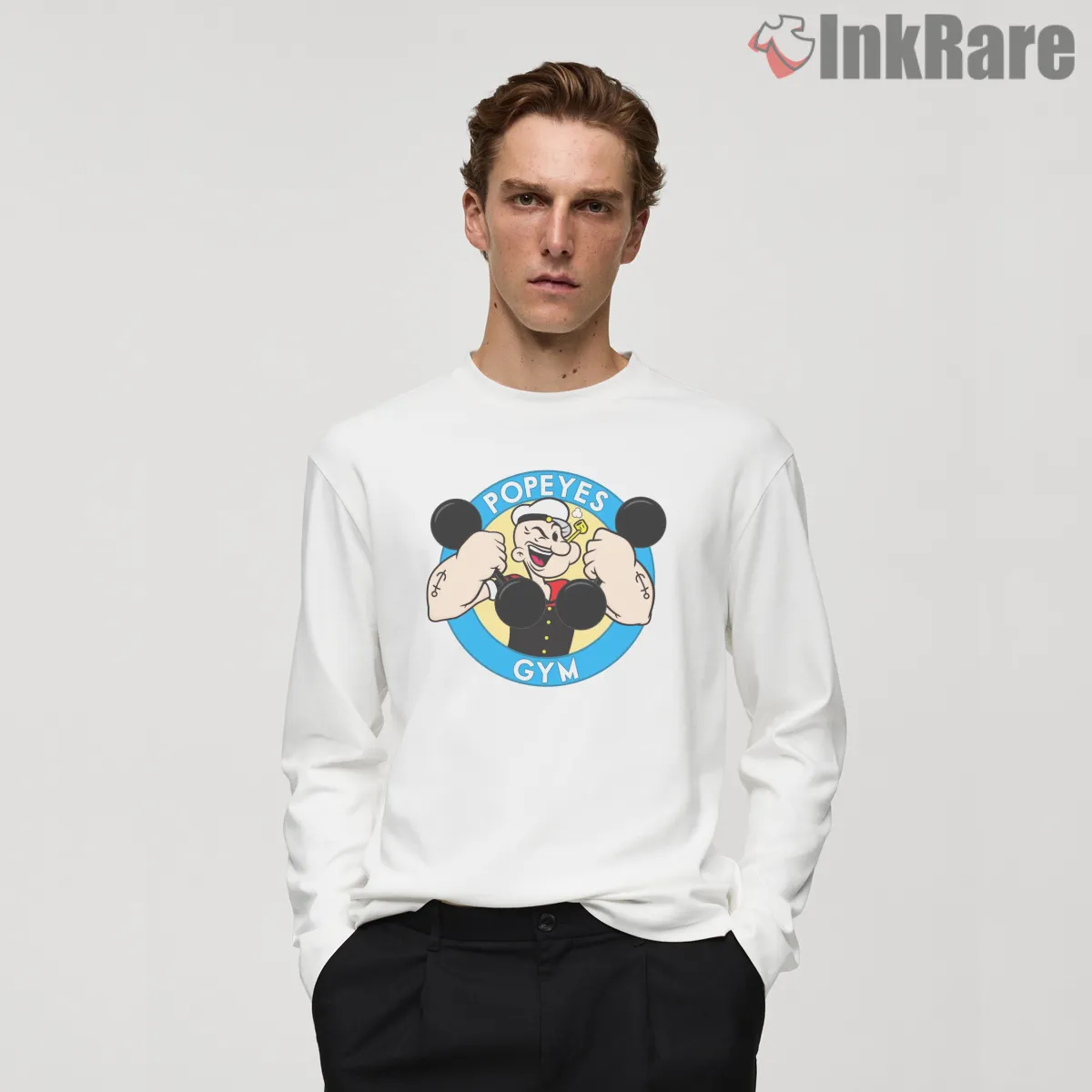 Popeyes Gym Cartoon Strength Badge Shirt on white long sleeve shirt for men graphic tee